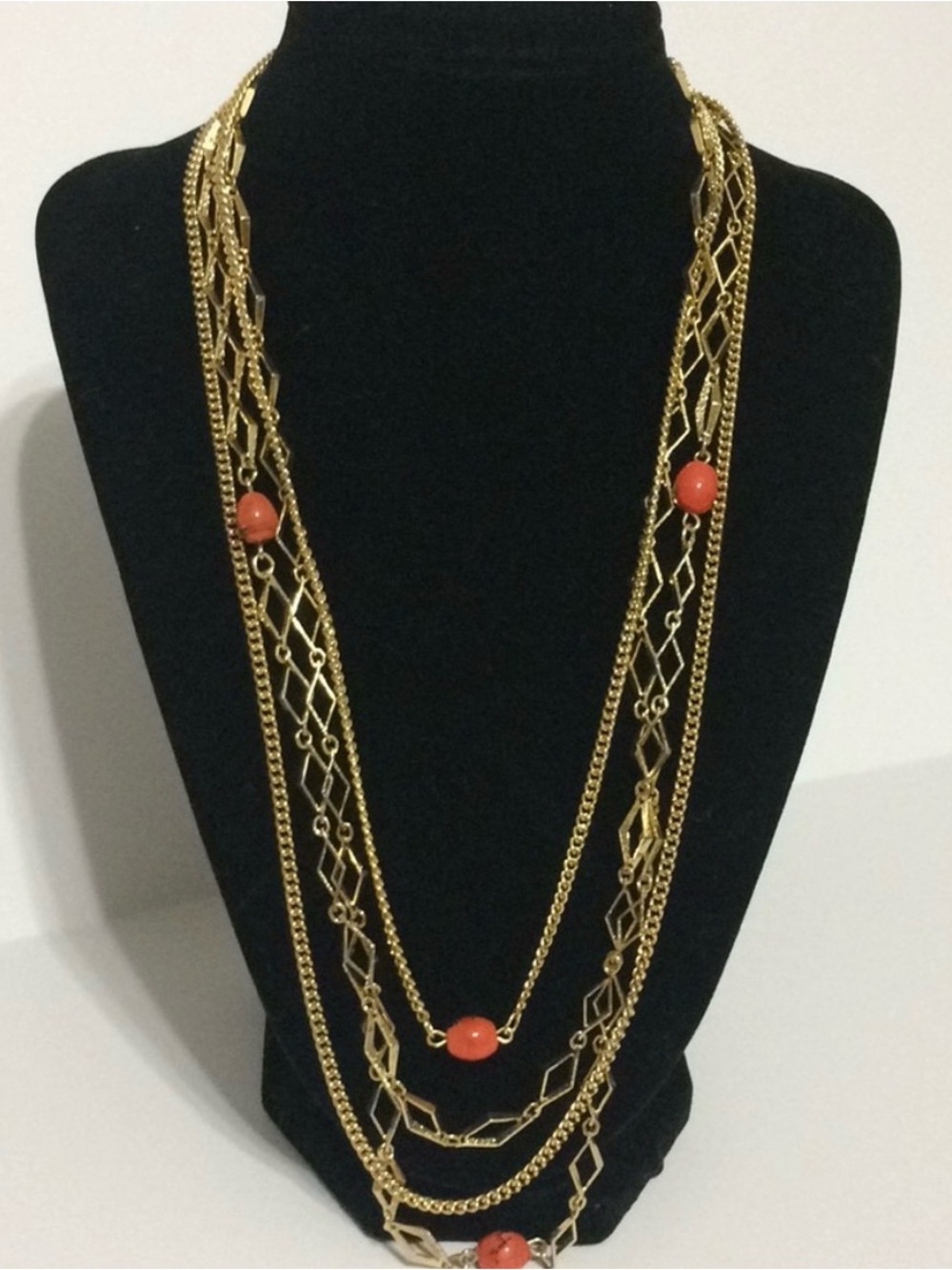 Vintage Style Gold Tone Multi Strand Coral Bead Statement Necklace